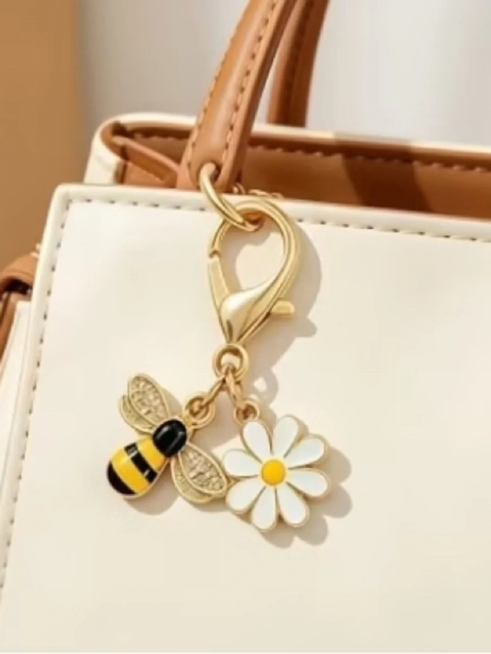 Gold Bee and White Daisy Charm Clip-On Pendant